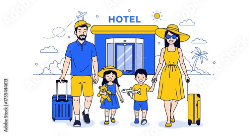Family Arriving at Hotel, Excited About Vacation, Summer Holiday Together