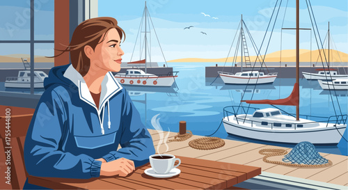 Contemplative moment: woman enjoying coffee by marina with yachts in harbor