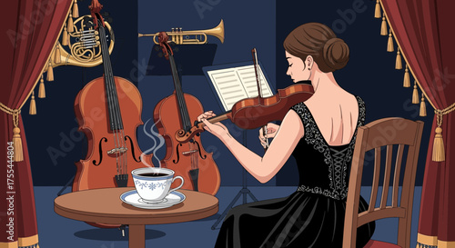 Enchanting serenade: A musician's tranquil interlude with musical instruments and coffee