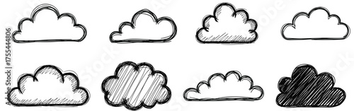 Hand Drawn Cloud Doodle Vector Set. Collection of Sketchy, Scribbled, and Line Art Clouds with Rain and Weather Symbols. Concept for Forecast, Sky, Imagination, and Graphic Design Elements.