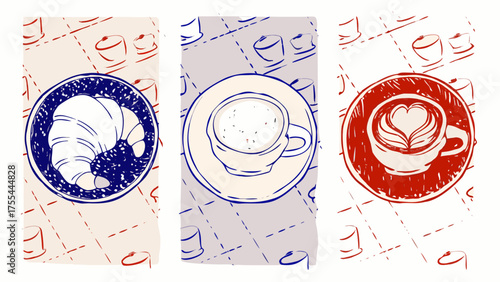 Three illustrations showcasing a croissant, coffee cup, and latte art on patterned backgrounds in a row format