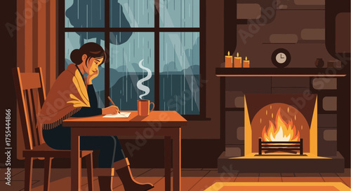 Cozy indoor scene with woman writing during a rainy day near a fireplace