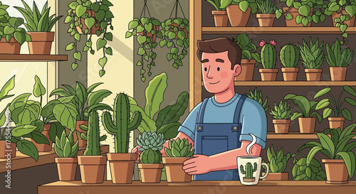 Delightful depiction of a nursery employee amidst diverse flora and a warm beverage
