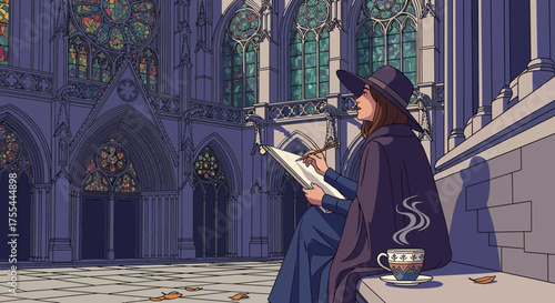 Captivating moment: Girl with magical hat drawing architectural splendor with steaming tea