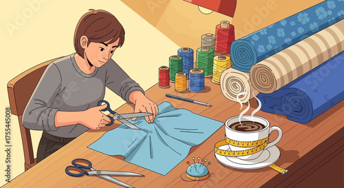 Illustrative depiction of a woman crafting with fabric and sewing essentials in warm light