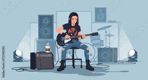 Captivating guitarist unleashing sonic artistry in a music studio ambiance