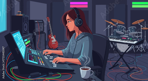 Dedicated musician immerses herself in the creative process of sound engineering within her studio