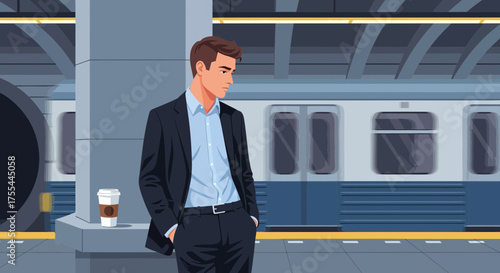 Pensive executive awaiting commuter train on platform with coffee cup illustration
