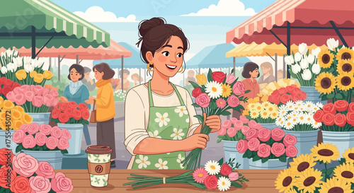 Vibrant flower market scene with smiling florist arranging colourful bouquets