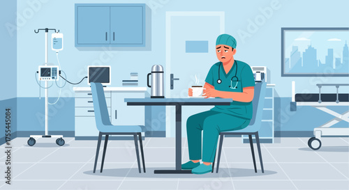 Exhausted healthcare worker taking a coffee break in hospital rest area