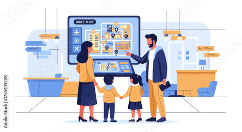 Family Exploring Digital Directory For Navigation And Information In Modern Building