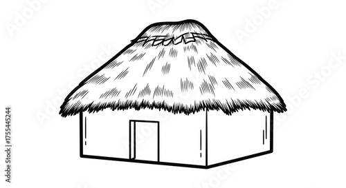 Simple thatched hut illustration, representing rustic dwelling and natural shelter.