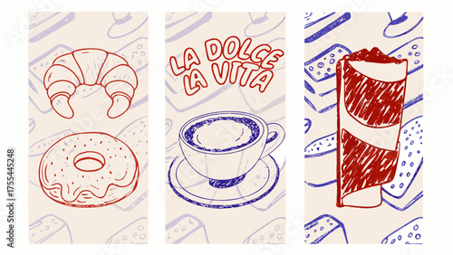 Illustration showcasing a croissant, donut, coffee cup with la dolce vita text, and a layered dessert