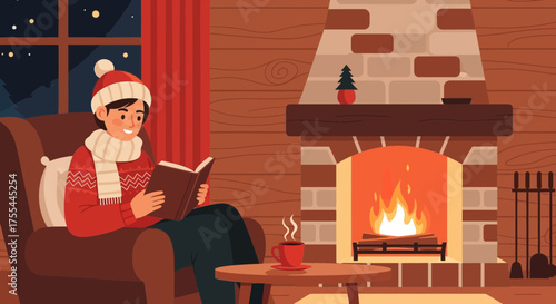 Cozy evening scene, man reading book by warm fireplace on Christmas season