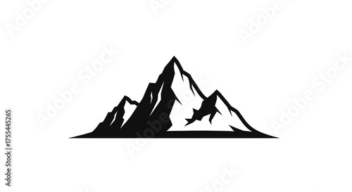 Dramatic silhouette of a majestic mountain range against a stark white background, symbolizing adventure and achievement.