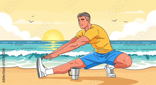 Morning beach workout and mindfulness concept of physical and mental well-being