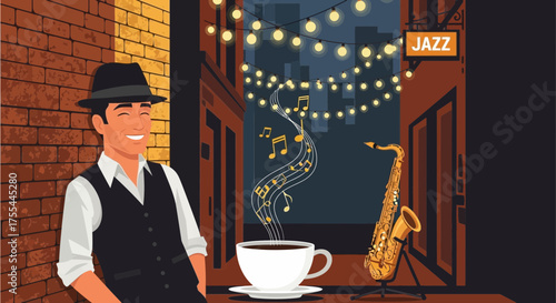 Serene jazz night scene with a musician enjoying a soulful coffee break
