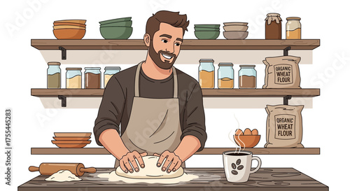 Happy baker kneading dough in cozy kitchen with rustic wooden shelves