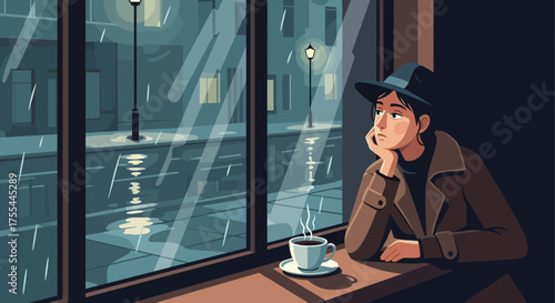 Rainy Day Reverie: Woman Contemplates Cityscape from Cozy Coffeehouse