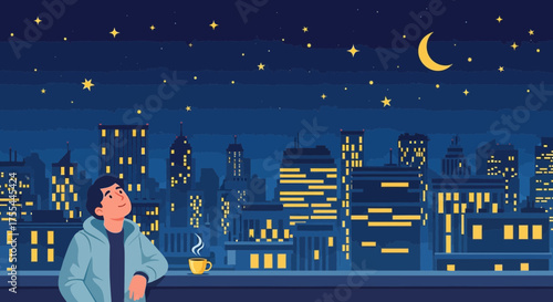 Contemplative evening cityscape view with celestial scenery in dark blue hues