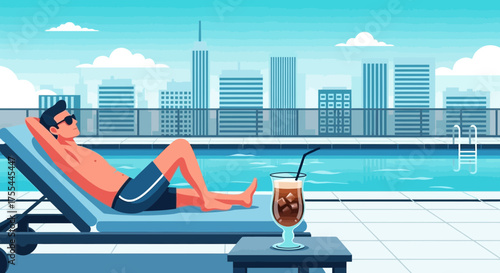 Leisurely rooftop escape: Man relaxes poolside with city skyline backdrop