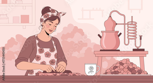 Rose petal alchemy: a woman crafting essential oil using traditional method