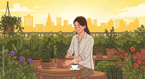 Urban rooftop garden sanctuary: Woman tending plants amidst cityscape backdrop