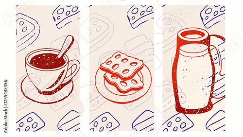 Illustration featuring a cup of coffee, a stack of swiss cheese, and a pitcher of milk with cheese pattern 100