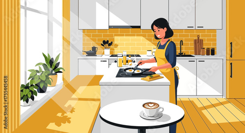 Aromatic morning: woman preparing eggs in sun-drenched modern kitchen illustration