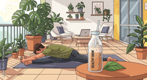 Harmonious blend of indoor wellness, flexibility exercises and refreshing beverage