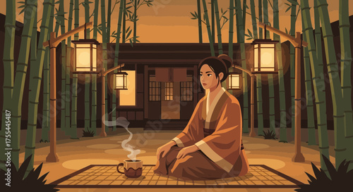 Quiet contemplation amidst bamboo grove at twilight: A serene zen moment illustration