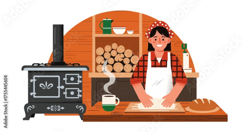 Cozy kitchen scene: Woman kneading dough with rustic stove and firewood backdrop