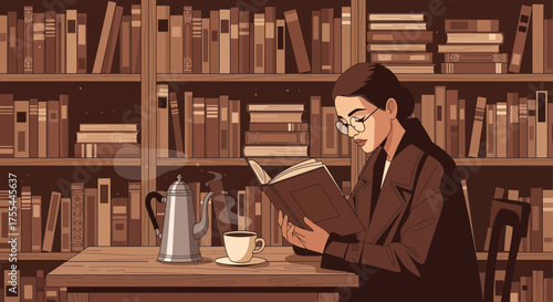 Illustrative depiction of a woman immersed in reading amidst a library setting