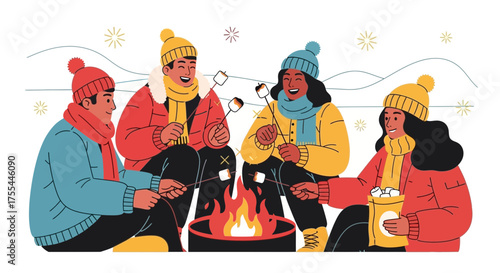 Friends Gather Round A Campfire Roasting Marshmallows During A Joyful Winter Outing