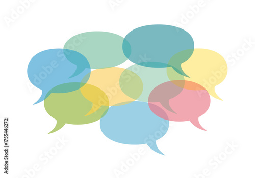 A cluster of overlapping pastelcolored speech bubbles on a white background