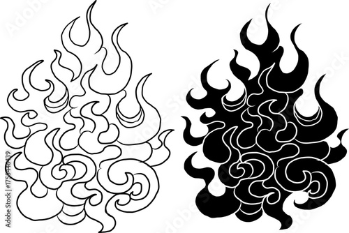 Chinese cloud vector for coloring book and printing on white background.Traditional Japanese culture element for tattoo design and idea.Fire vector for T-shirt.Traditional japanese fire for tattoo.