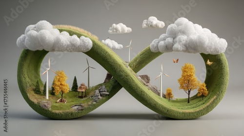 Green earth surrounded by lush trees and modern wind turbines representing sustainable carbon-neutral operations