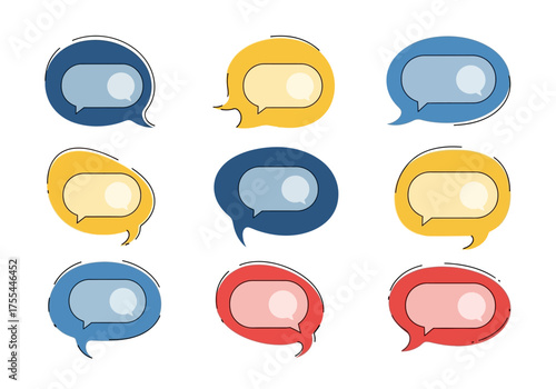 A display of nine speech bubbles in a grid with varied colors and doodlelike borders