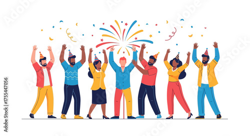 Group Of People Cheering Celebration With Confetti And Fireworks Display