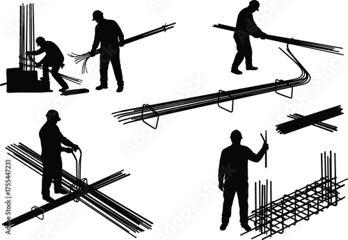 Construction workers handling rebar, silhouette illustration, reinforced concrete labor, civil engineering tasks, industrial site activity, vector graphic for technical stock content