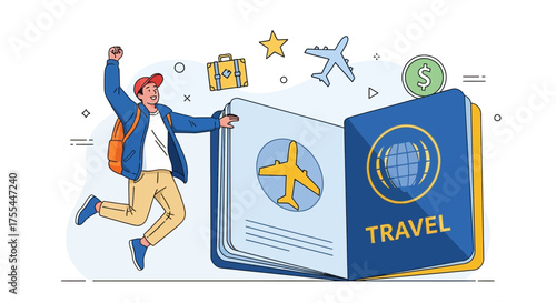 Happy Traveler Excited To Explore New Horizons With Passport and Airplane Departure