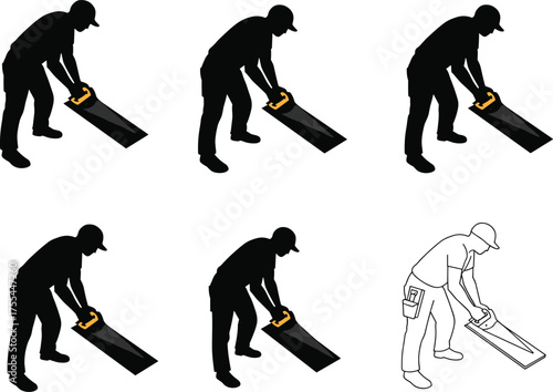 Hand Saw Cutting Technique, Woodworking Posture Guide, Silhouette and Line Art, Carpentry Instructional Vector, DIY Tool Usage, Manual Sawing Motion