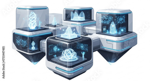 Augmented reality showcase of holographic models and ai designs in futuristic display pods for product presentation