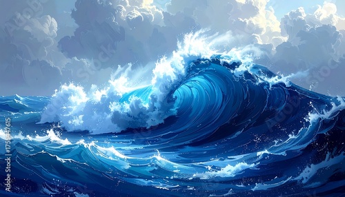 Fototapeta Naklejka Na Ścianę i Meble -  Artistic depiction of a giant, curling ocean wave under a cloudy sky