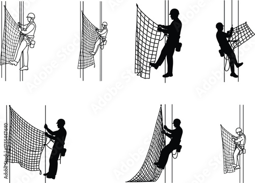 Vector illustration of workers climbing ropes, adjusting safety nets, wearing helmets, using harnesses, performing height safety procedures, construction rescue training, black and white