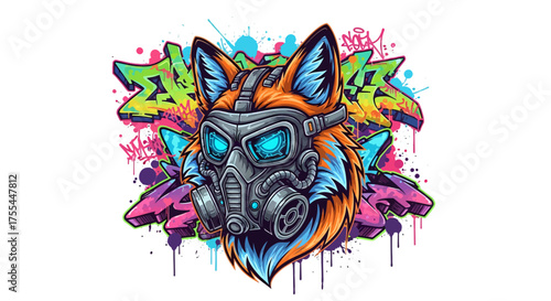 Vibrant fox graffiti art with futuristic gas mask and glowing eyes for urban apparel and edgy design projects, perfect for modern street style brands
