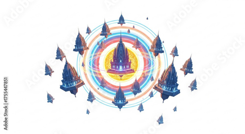 Floating temples fantasy art illustration digital painting surreal architecture ethereal landscape concept design