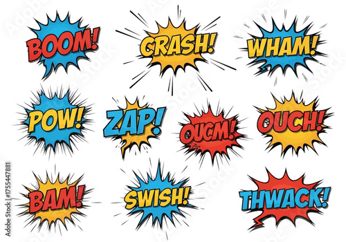 Comic book speech bubbles in various colors and fonts displaying sound effects