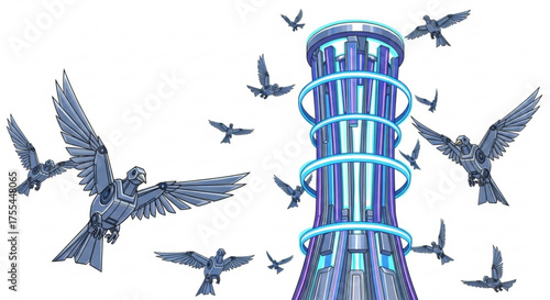 Futuristic robotic birds flying around a glowing tower vector illustration design graphic art concept idea