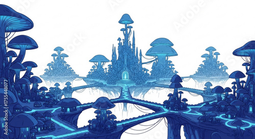 Mushroom kingdom fantasy landscape illustration with glowing paths and mushroom architecture digital art